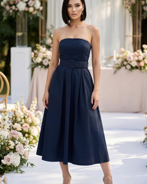 Μπλε σκούρο Γυναικείο φόρεμα μίντι strapless με ζώνη